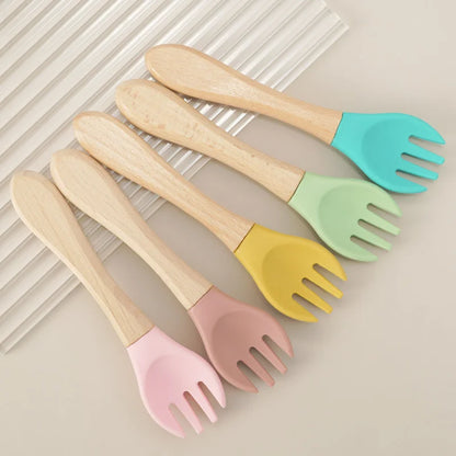 2PCS Baby Learning Spoons Utensils Set Food Grade Wooden Handle Silicone Spoon Fork Cutlery Training Spoon Feeding Tableware