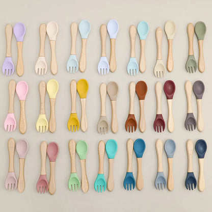 2PCS Baby Learning Spoons Utensils Set Food Grade Wooden Handle Silicone Spoon Fork Cutlery Training Spoon Feeding Tableware