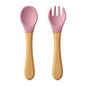 2PCS Baby Learning Spoons Utensils Set Food Grade Wooden Handle Silicone Spoon Fork Cutlery Training Spoon Feeding Tableware