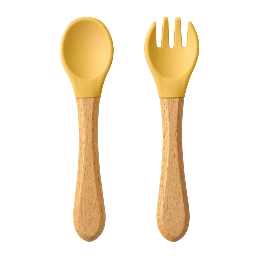 2PCS Baby Learning Spoons Utensils Set Food Grade Wooden Handle Silicone Spoon Fork Cutlery Training Spoon Feeding Tableware