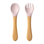 2PCS Baby Learning Spoons Utensils Set Food Grade Wooden Handle Silicone Spoon Fork Cutlery Training Spoon Feeding Tableware